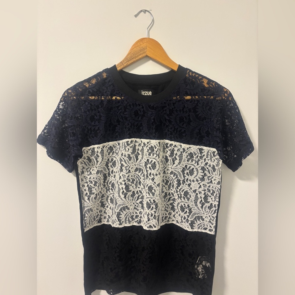 Izzue Navy and White Lace Top